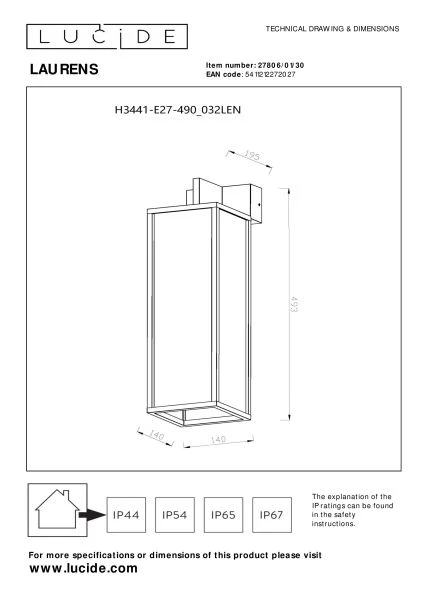 Lucide LAURENS - Wall light Indoor/Outdoor - 1xE27 - IP54 - Black - technical